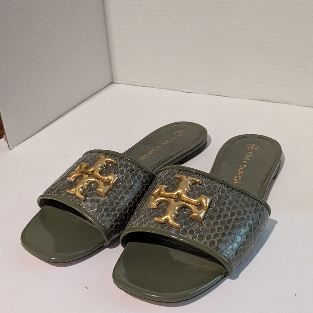 Tory Burch Green Slide Sandals with Gold Logo - Picture 2 of 5